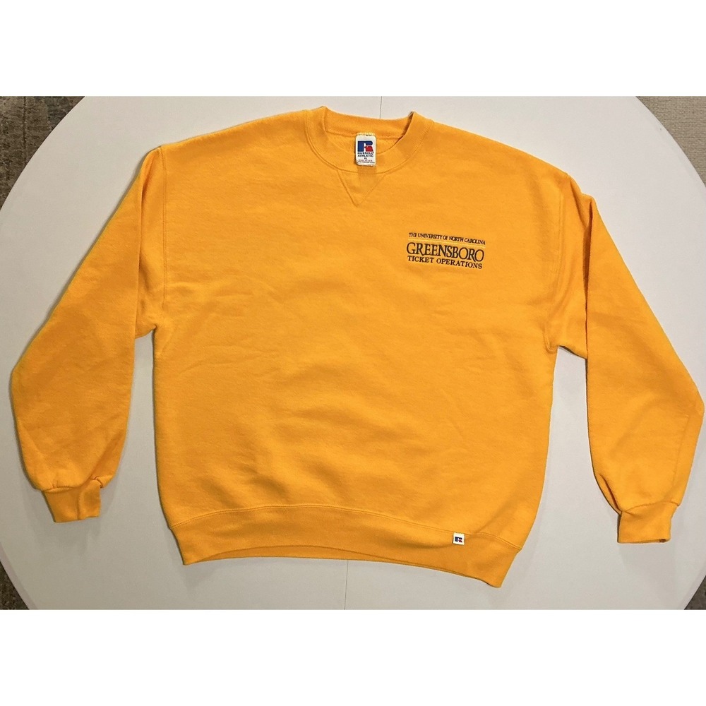 VTG USA Made‎ Russell UNCG Greensboro Sweatshirt Crewneck Mens XL Yellow Preppy